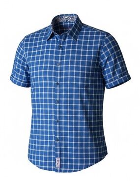 Robert Graham Blue Plaid Short Sleeve Button Front Shirt, Large